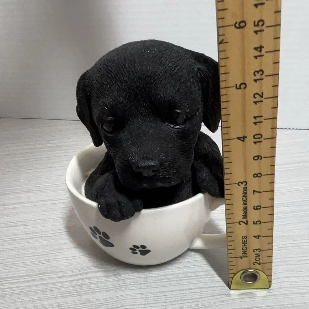 Black Puppy Dog Figurine in Paw Print Teacup Statue 4.5